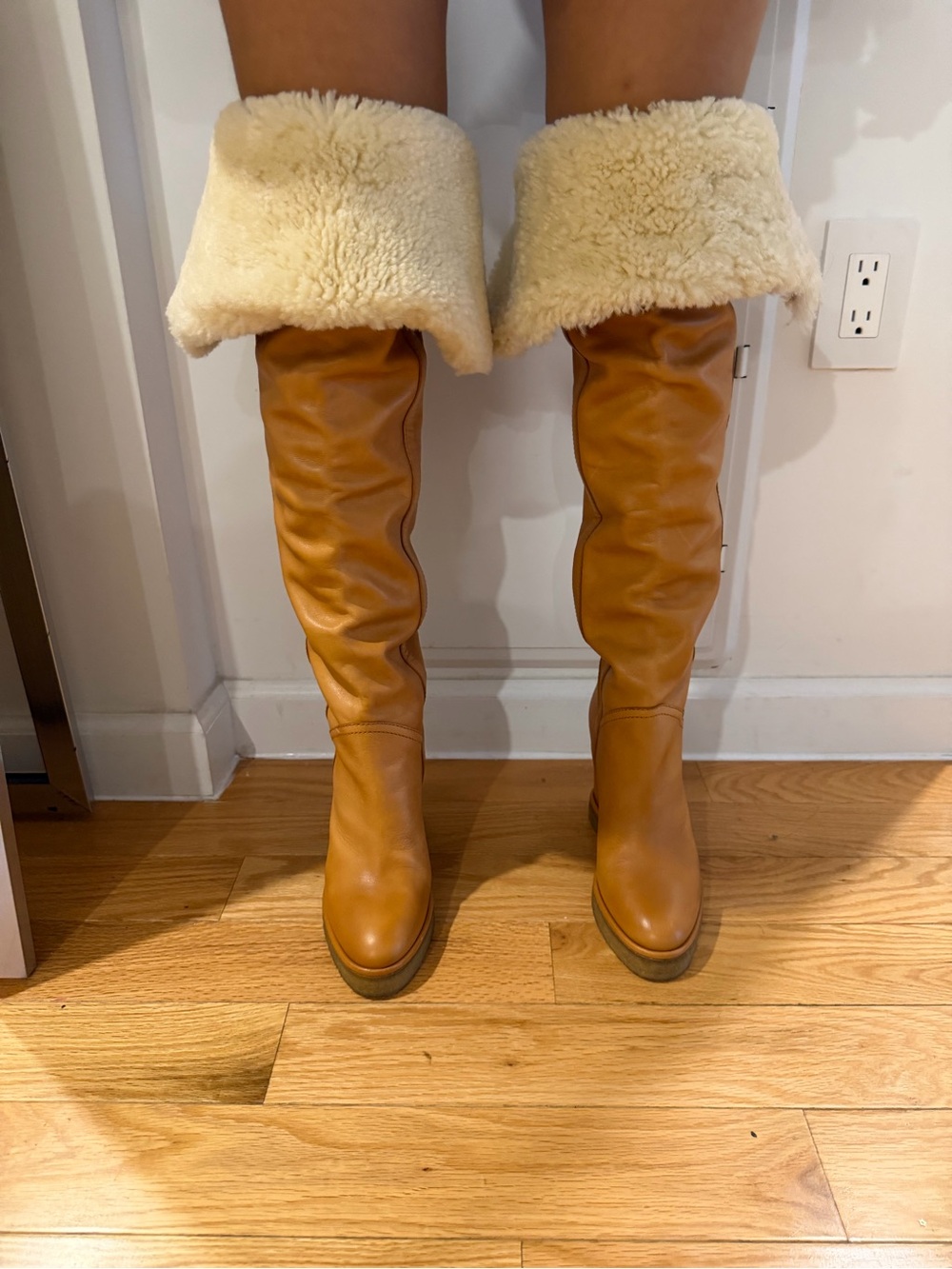 Celine Tan Leather Over-the-Knee Boots with Cream Shearling Cuff. New